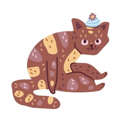 Funny cartoon cat wearing in knitted hat sitting and wondering. Adorable domestic pet isolated on the white background. Comic vector illustration in modern, contemporary doodle flat design.