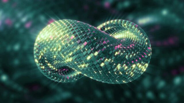 Abstract spinning slowly twisted chain object. Motion. Metal horizontal infinite sign of glowing particles on a shimmering background, seamless loop.