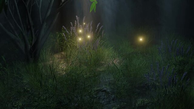 3d rendering of a fabulous forest with purple flowers and fireflies. Cartoon style with handsome design