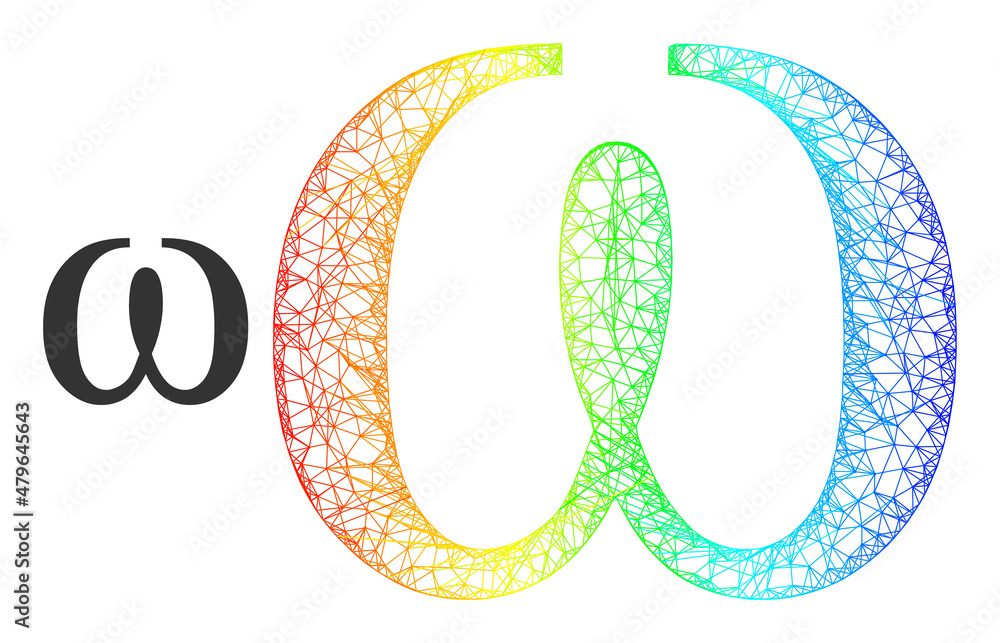 Poster mesh net omega greek lowercase letter carcass icon with spectral gradient. vibrant frame mesh omega 