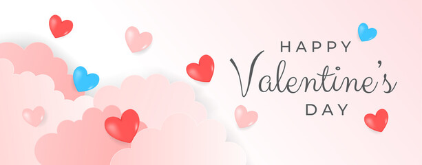 Valentines day background with Heart Shaped Balloons. Valentine's day sale banner template with 3D hearts with cloud. Vector illustration banners. Wallpaper flyers, invitation, posters, brochure