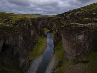 Beautiful aerial view of the Fjadrargljufur Canyon in Iceland on summer