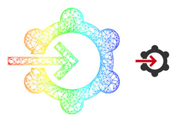 Mesh net gear wheel integration carcass icon with rainbow gradient. Vibrant carcass network gear wheel integration icon. Flat structure created from gear wheel integration icon and intersected lines.