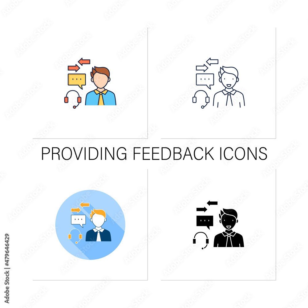 Poster providing feedback icons set. two-way communication process. customer support. call center.effective