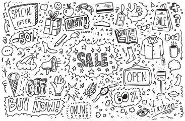 Hand drawn sale doodle vector set on white background