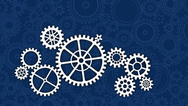 Wei&szlig;e Zahnr&auml;der (Getriebe) auf blauem (aus Zahnr&auml;dern bestehenden) Hintergrund - Animation