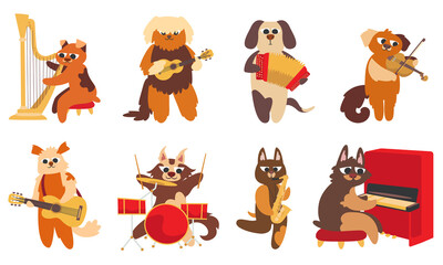 Set of dog musicians. Funny characters in doodle flat style