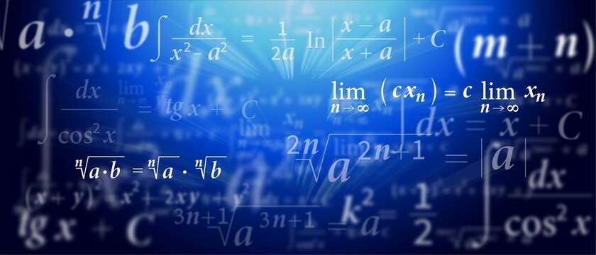 Abstract blue gradient background technology. Design of mathematical equations, texture of formulas, digital technologies. Vector illustration