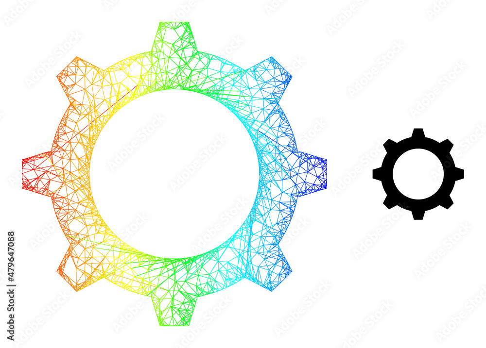 Poster mesh net gear framework illustration with spectral gradient. colorful carcass mesh gear icon. flat c