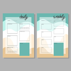 Set of daily and weekly planner template with blue waves details. Vector illustration.