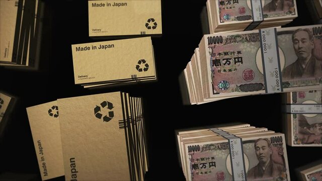 Made in Japan box line with Yen money bundle stacks. Export, trade, delivery, production, shipping, business and import from PRC. Abstract concept 3d loopable seamless animation.
