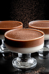 Jelly in glass cup on black background. Vases are reflected in a black glass background. Vertical photo