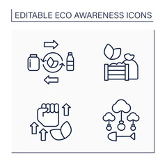 Eco awareness line icons set. Reusable tableware, compost, activism, forests regrowing. Ecology concept. Isolated vector illustrations. Editable stroke