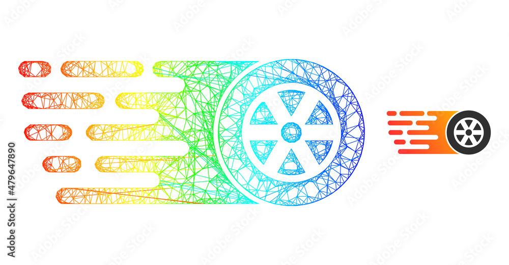 Poster net mesh rush wheel model icon with spectrum gradient. colored carcass mesh rush wheel icon. flat me