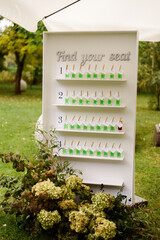 Find your seat sign for wedding or event with name cards on alcoholic green shots ( shot green mexican ) wedding idea, idea of ​​meeting guests