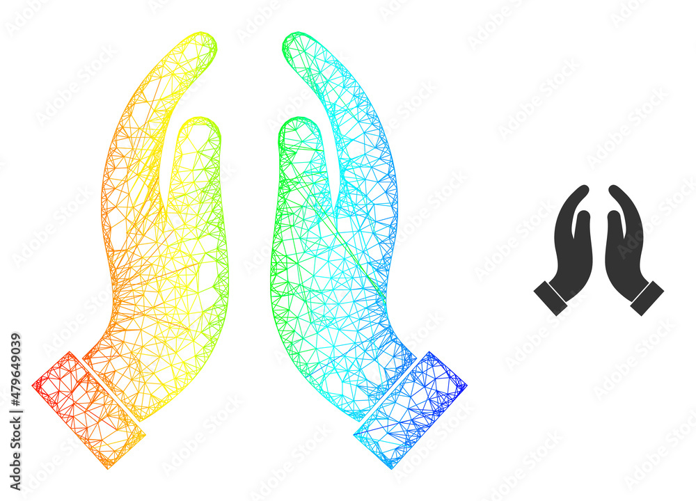 Poster mesh net praying hands carcass icon with rainbow gradient. vibrant carcass mesh praying hands icon. 