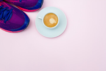 Top view Flat lay sports equipment, female fitness