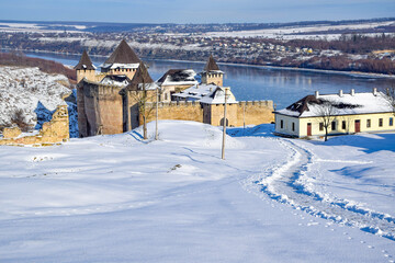 Fototapeta premium Picturesque panoramic view of medieval Khotyn fortress, Chernivtsi region. Ukraine