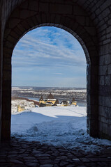 View from arch of entrance Bender Gate to medieval Khotyn fortress, Chernivtsi region. Ukraine