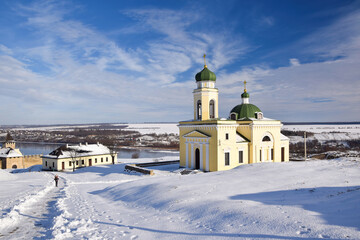 Picturesque panoramic view of Alexander Nevsky Church near medieval Khotyn fortress, Chernivtsi region. Ukraine