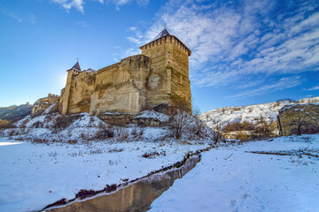 Fototapeta premium Scenic panoramic view of medieval Khotyn fortress, Chernivtsi region. Ukraine