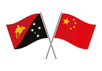 Papua New Guinea and China flags. Papua New Guinean and Chinese flags isolated on white background. Vector illustration.