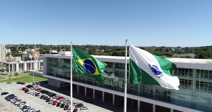 Drone Shot of Brazil and Paran&aacute; State flags in Curitiba City