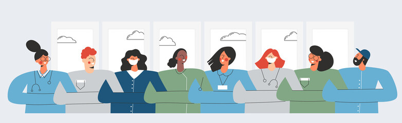 Group of doctors nurses healthcare workers and medical staff standing in chain. Banner with a multicultural group of medics. Nurse and intern students in uniform. Flat vector cartoon illustration