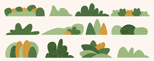 Shrubbery and bush hedge in simple scandinavian style vector cartoon illustration. Set of abstract shrub, foliage, green tree with texture. Collection of isolated plant silhouette, cute garden shape