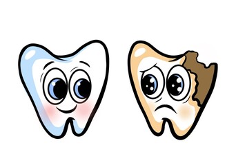Fototapeta premium Drawn teeth, a healthy tooth looks at a sick crying tooth with caries. Dental health. World Dentists Day. Children's dentistry poster