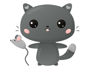 Cute black cat with toy mouse. Kawaii cartoon animal. Vector kitten on white background. Flat design illustration with gradient. Pet collection.