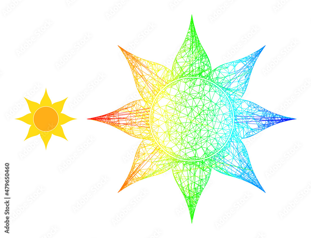 Poster network sun wireframe icon with spectral gradient. bright frame network sun icon. flat frame created