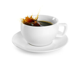 Coffee splashing out of cup on white background