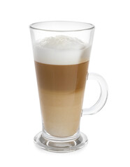 Glass cup of aromatic coffee with milk isolated on white