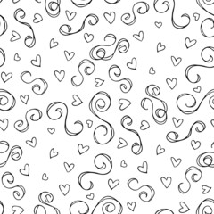 Wavy and swirling brush strokes of vector seamless pattern with hearts