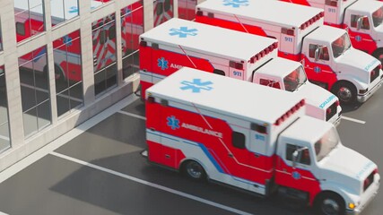 A row of ambulance trucks on parking. Emergency vehicles leave to rescue lives.