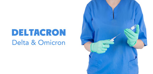 A doctor in a blue uniform is filling a syringe with a vaccine. New strain covid-19 - Deltacron....