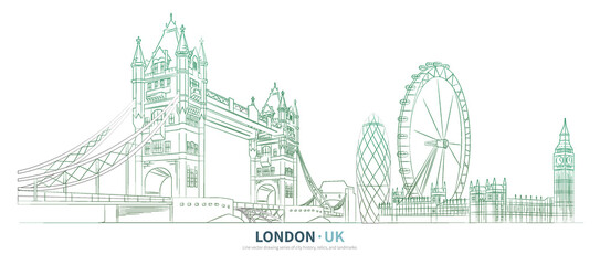 London cityscape line drawing vector. sketch style United kingdom landmark illustration  - obrazy, fototapety, plakaty
