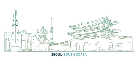 Seoul cityscape line drawing vector. sketch style South Korea landmark illustration  - obrazy, fototapety, plakaty