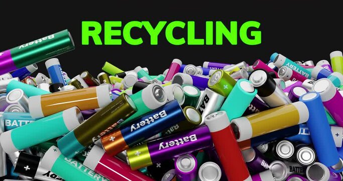 Large amount of different generic AA batteries falling down and moving, revealing Recycling sign. Realistic 3D Rendering animation