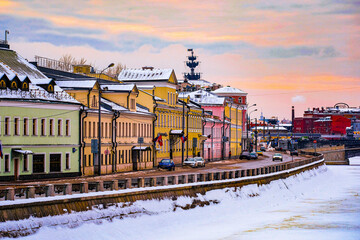 Moscow, Russia - January, 4, 2022: Moscow river embankment in a winter