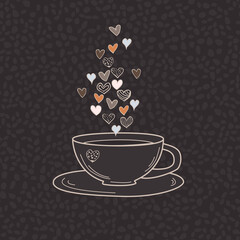Seamless pattern with coffee cup and hearts on a brown background.