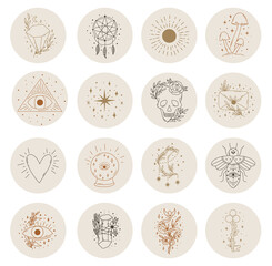 Big set of social media highlight covers. Mid century mystical line art objects. Hand drawn templates.
