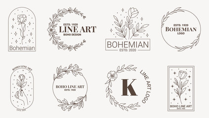 Boho mystic doodle esoteric logo set. Magic line art icon with floral, flower frame, rose, tulip, wreath