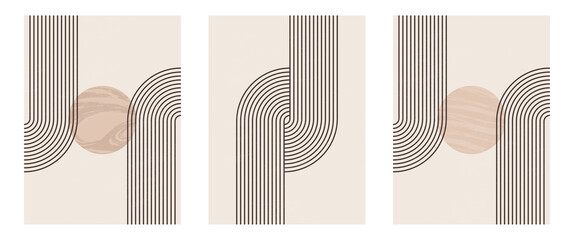 Set of boho modern minimalist abstract line art print with geometric shape.