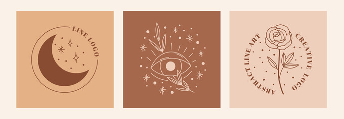 Boho mystic doodle esoteric set. Magic line art poster with moon, rose, eye