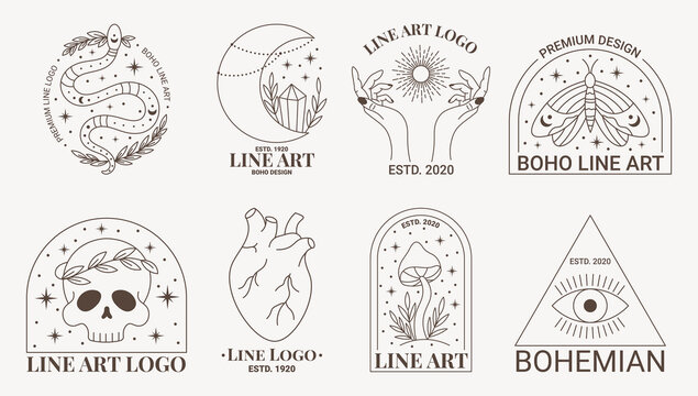 Boho mystic doodle esoteric logo set. Magic line art icon with moth, moon, skull, hand, sun, heart, moon