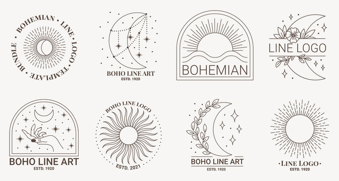 Boho mystic doodle esoteric logo set. Magic line art icon with sun, moon, floral line art