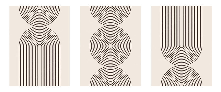 Set of boho modern minimalist abstract line art print with geometric shape.