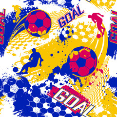 Abstract seamless football pattern. Grunge textured repeat sport print. Colorful grungy print with shabby textured, soccer ball, spray paint ink.